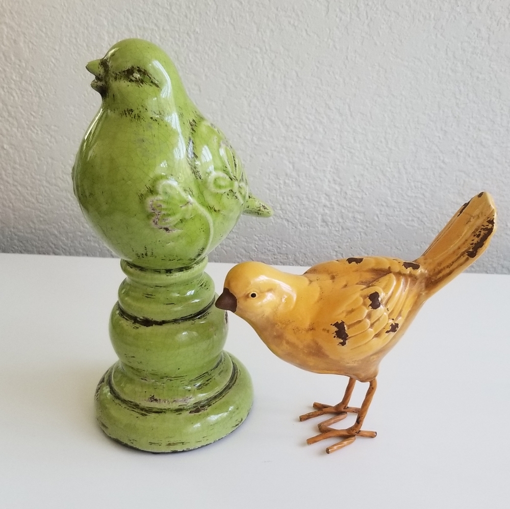Bird Figurines Green and Mustard Yellow